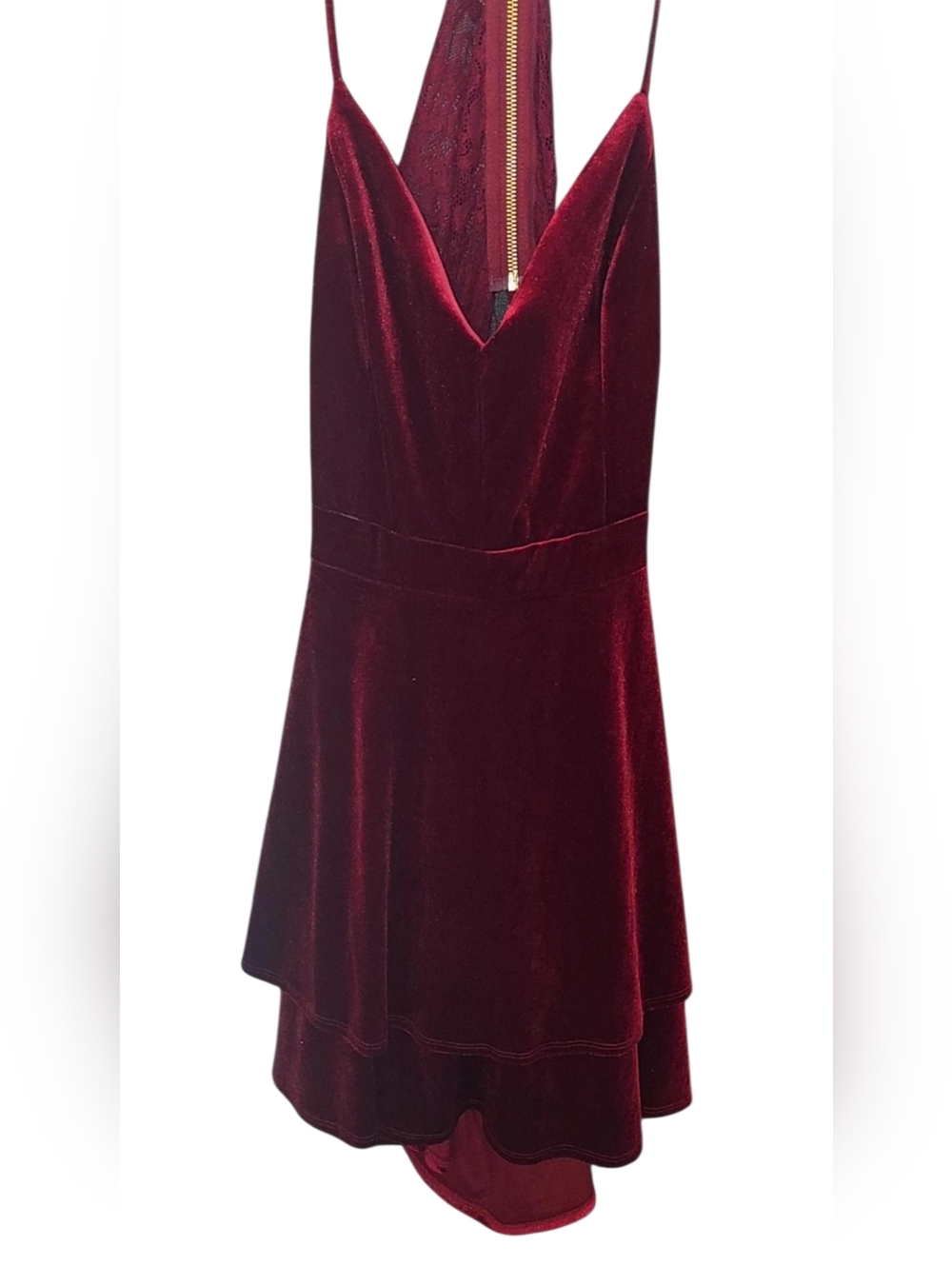 B Darlin Burgundy Velvet High-Low Spaghetti Strap Dress